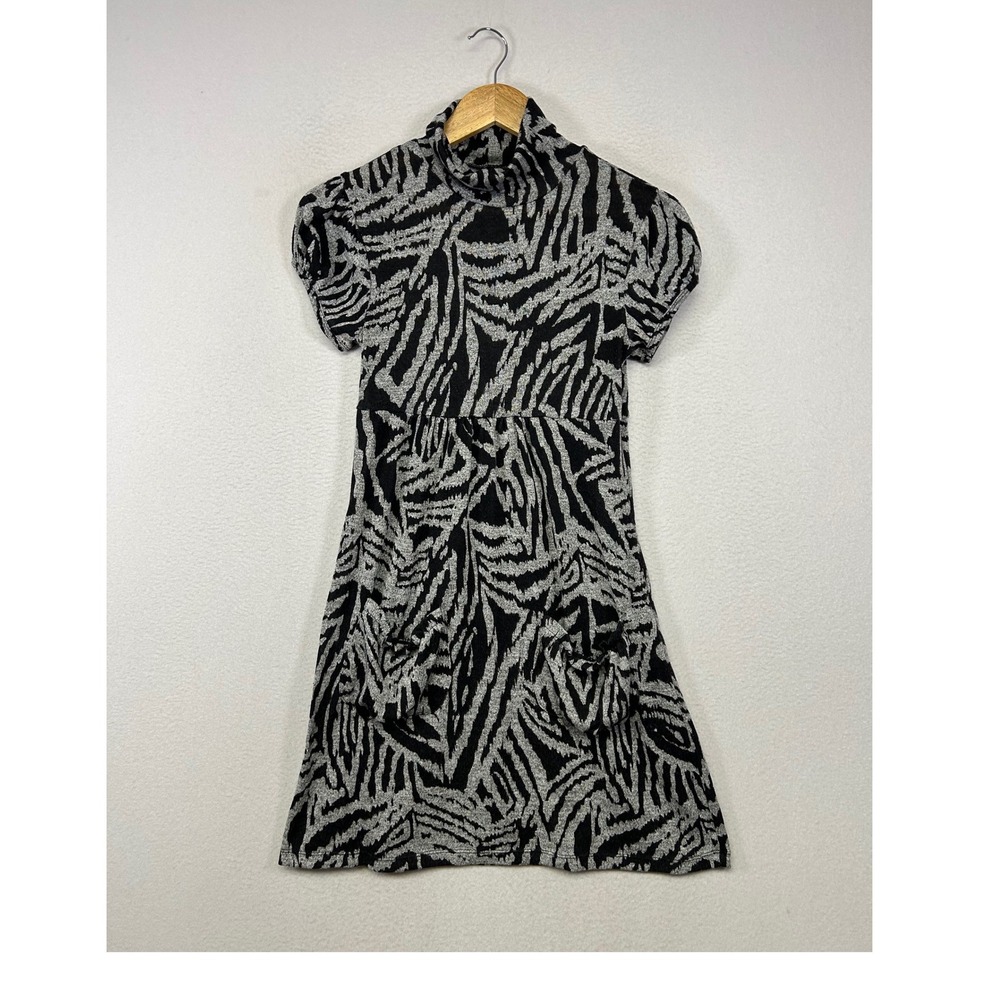 Indie Sleaze Heart Soul Womens Med Black Grey Zebra Mock‎ Neck Puff Sleeve Dress